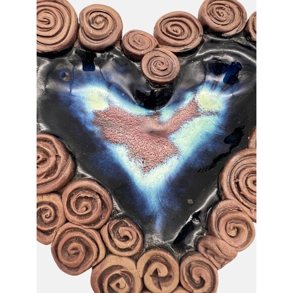 Handcrafted Ceramic Heart Ashtray / Trinket Dish Swirl Design & Glazed Center - Picture 3 of 5